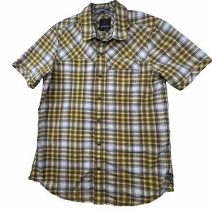 PrAna Mens Small Short Sleeve Button Up Plaid Camp Shirt Recycled Polyester